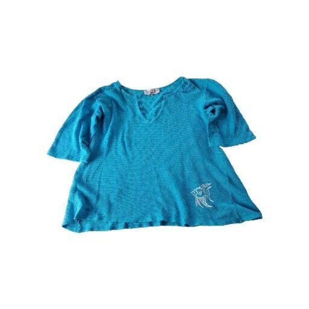 Victoria Harbour XXL Crochet Beachy Resortwear Turquoise 3/4 Sleeve Mesh Top